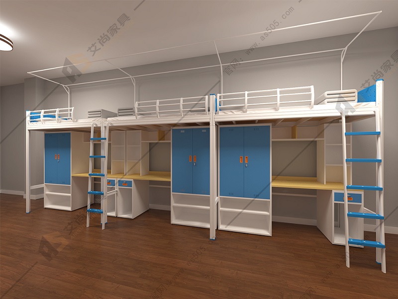 艾尚家具給客戶(hù)定制的這款大學(xué)公寓床的大有講究，米白色代表了友善，搭配淺藍(lán)色的整體家具，玩味十足，讓人心情愉快。淺藍(lán)色能讓原本不大的空間在視覺(jué)上顯得格外寬敞，使空間溫柔細(xì)膩，厚實(shí)迷人。